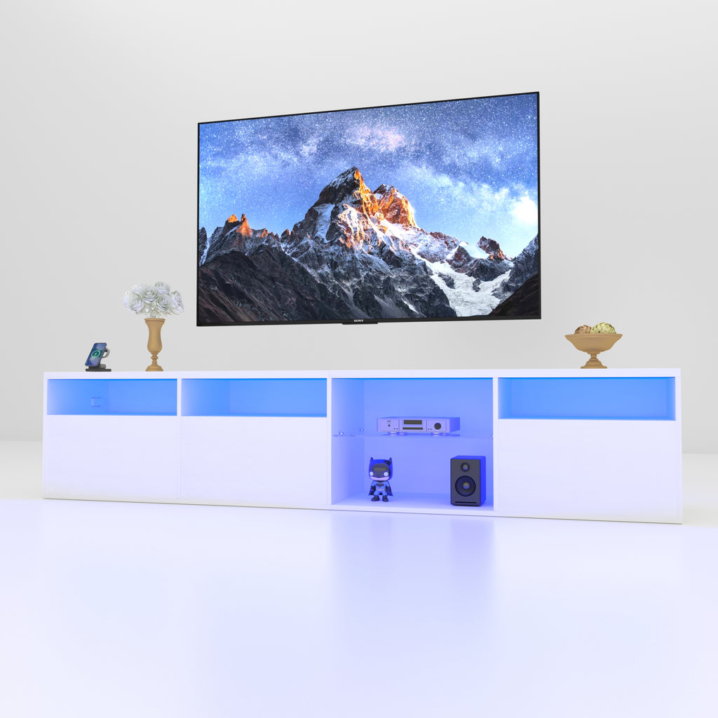 82.6-Inch White LED TV Stand with Storage & Power Outlets
