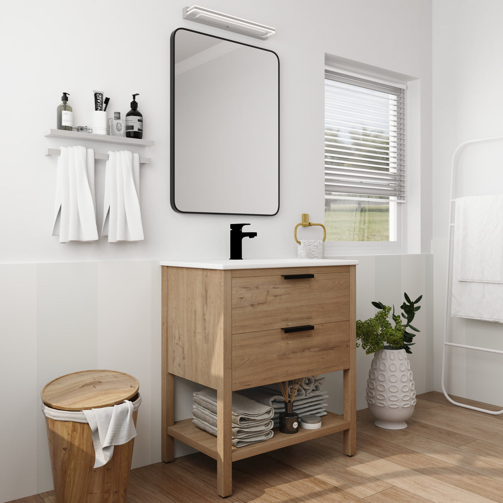 30" Freestanding Bathroom Vanity in Oak Finish with 2 Soft-Close Drawers