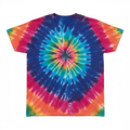 A short-sleeve crewneck tie-dye t-shirt featuring a large spiral pattern with vibrant shades of blue, pink, orange, yellow, and green on a plain white background.