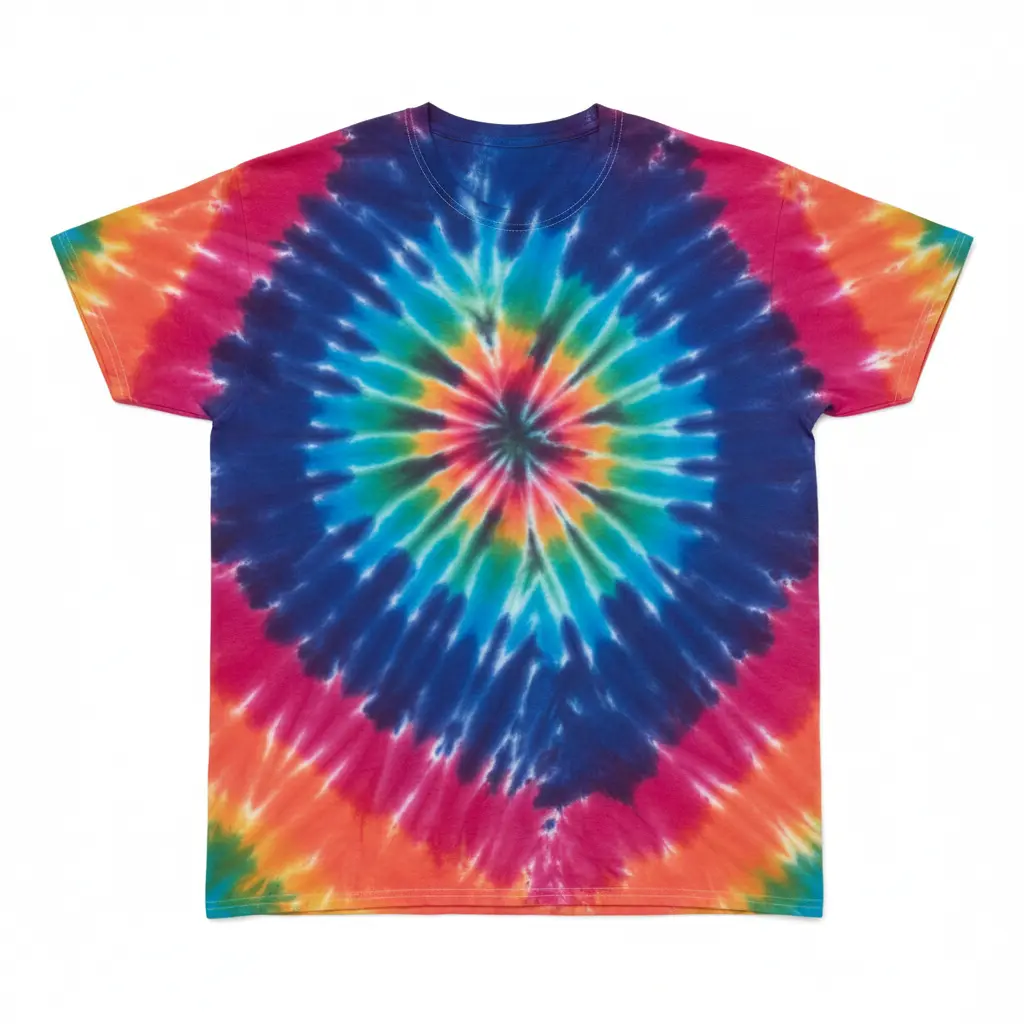 A short-sleeve crewneck tie-dye t-shirt featuring a large spiral pattern with vibrant shades of blue, pink, orange, yellow, and green on a plain white background.